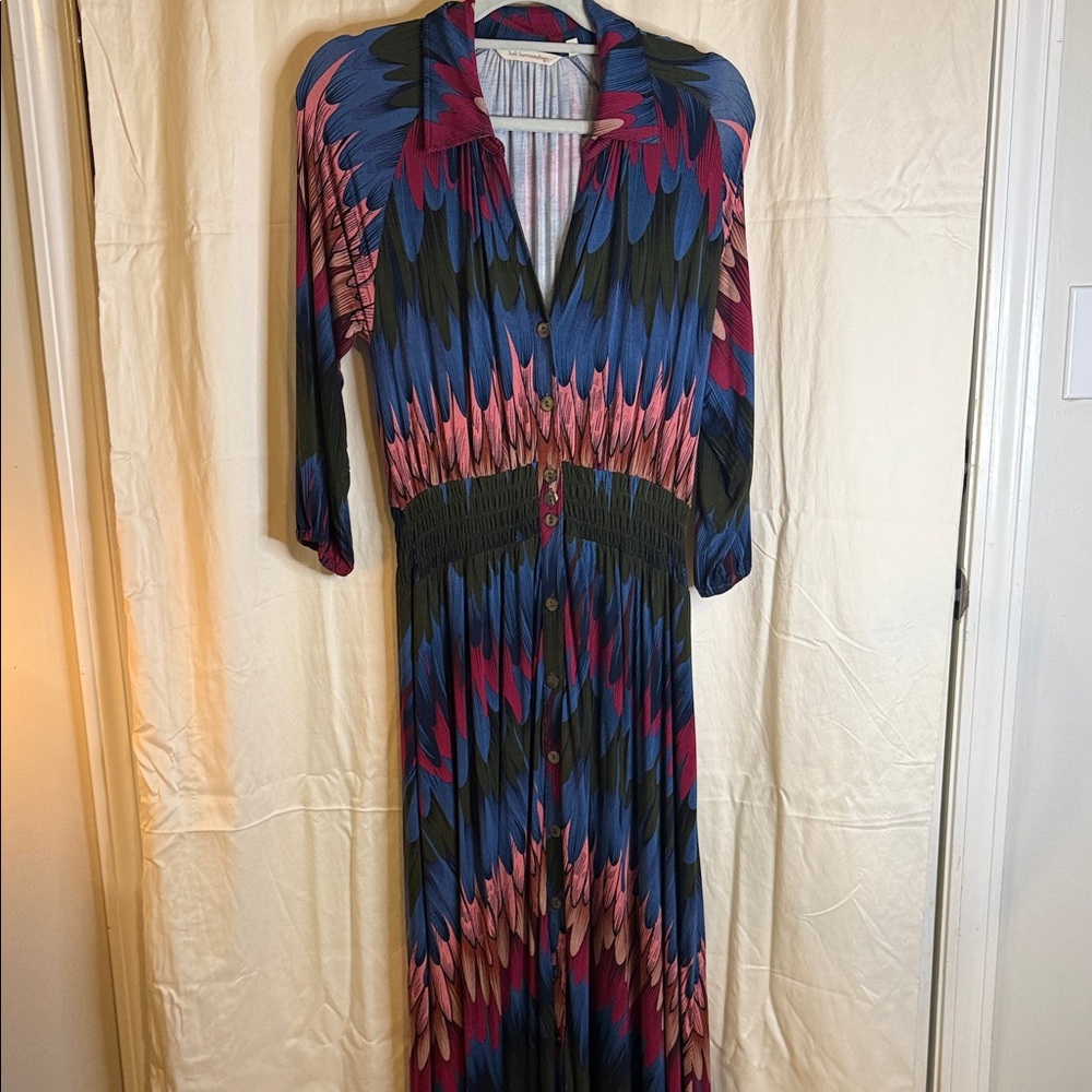 Soft Surroundings Blue & Pink Abstract Pleated Maxi Dress